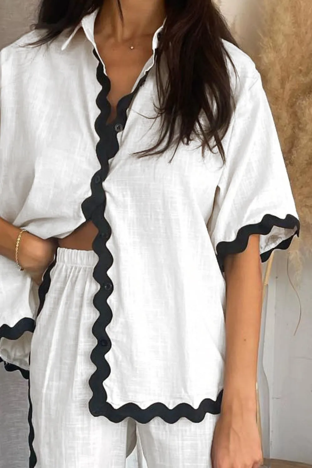 Contrast Trim Half Sleeve Top and Pants Set, image 2