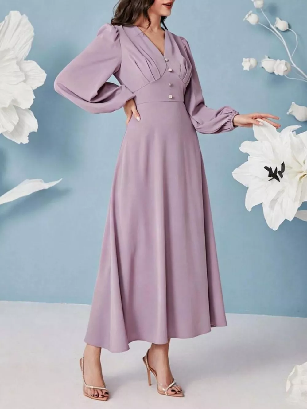 V-Neck Balloon Sleeve Maxi Dress, image 5