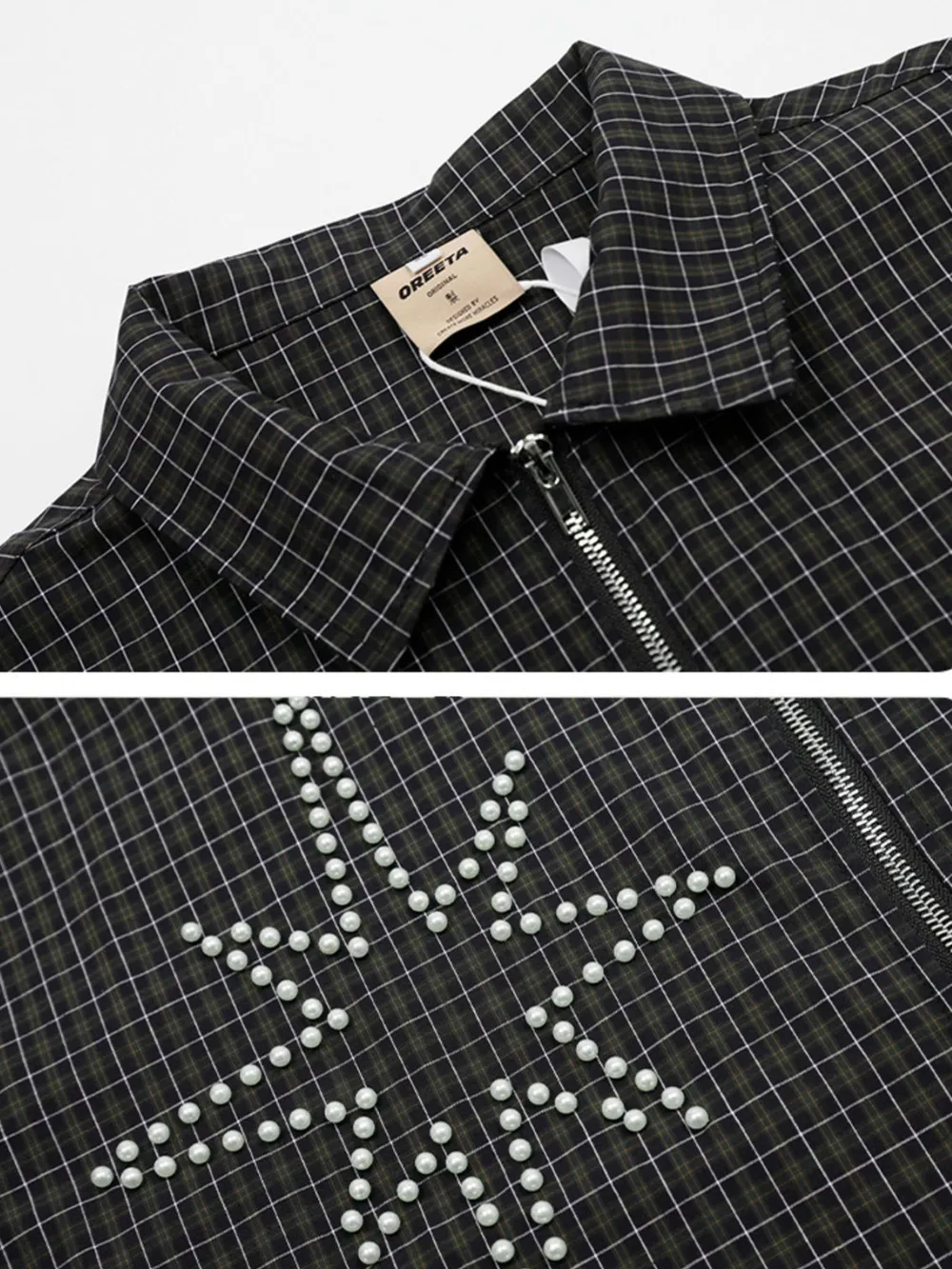 Men's Pearl Embellished Plaid Zip-Up Shirt, image 5