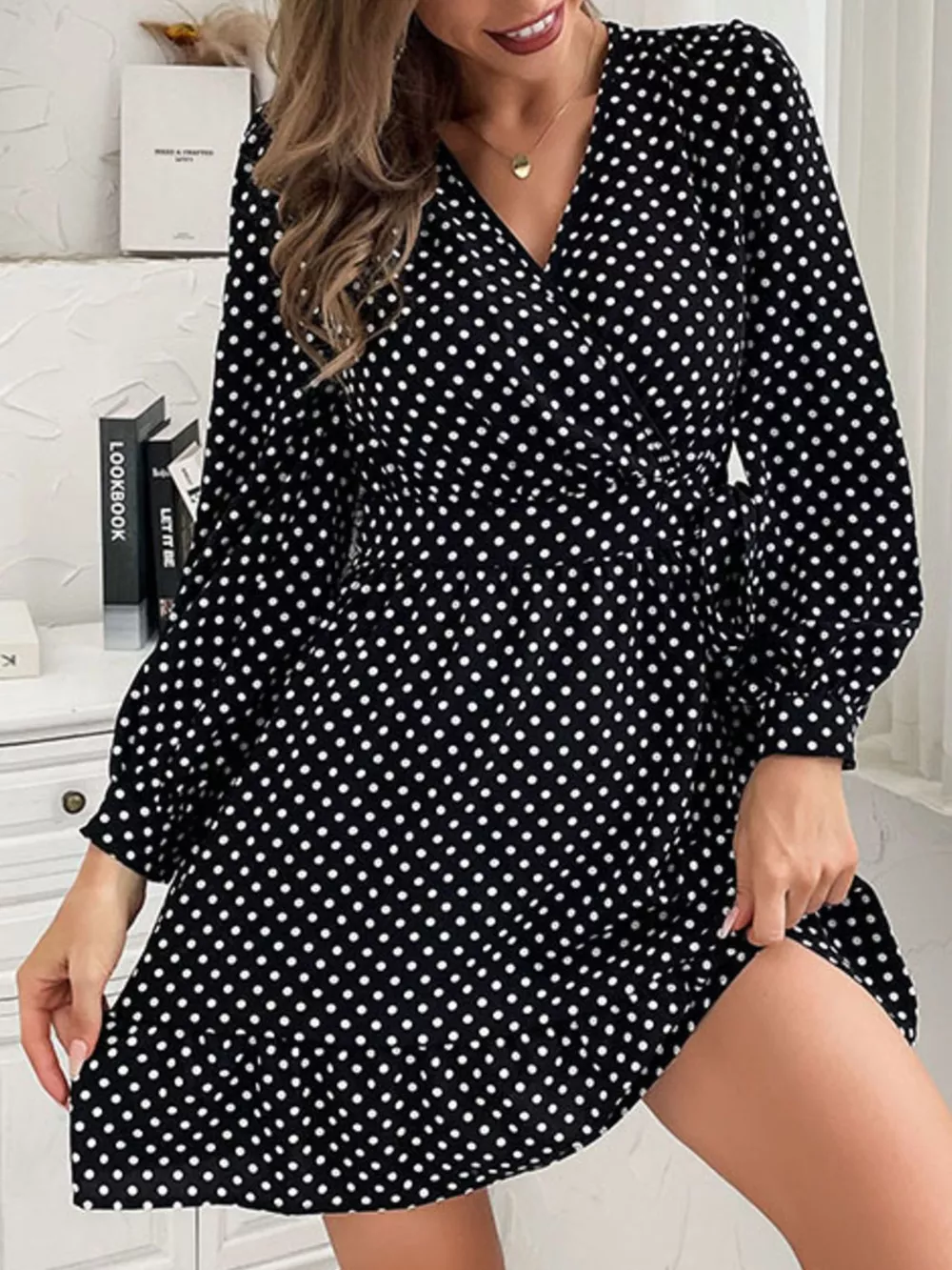 Polka Dot Wrap Mini Dress, image 4