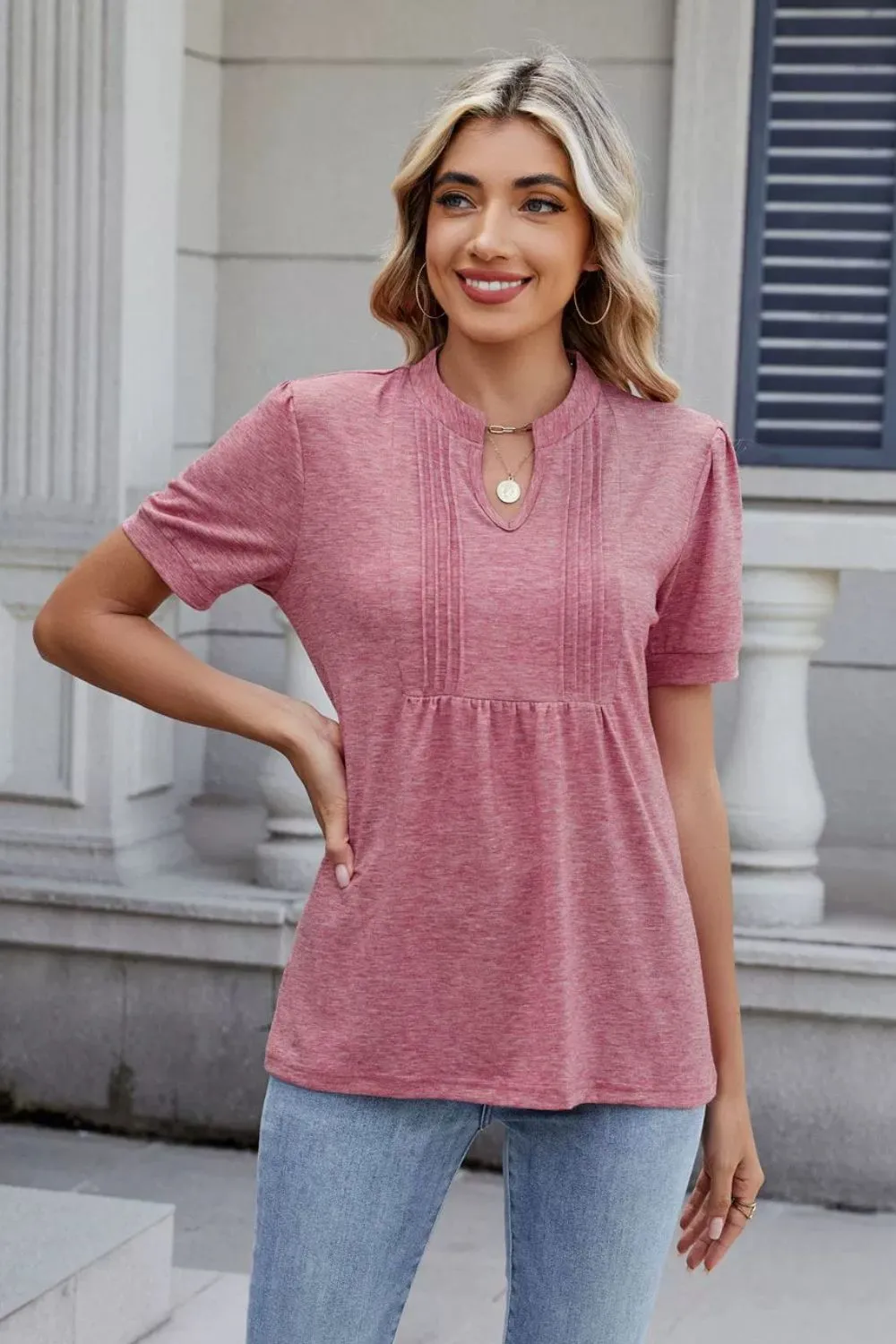 Notched Short Sleeve Solid Color Top, image 2