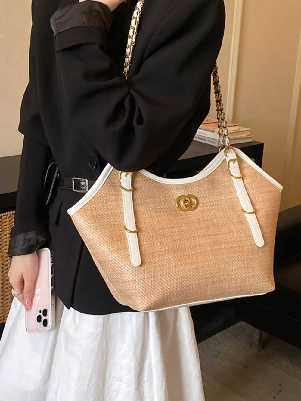 Contrast Trim Adjustable Strap Shoulder Bag