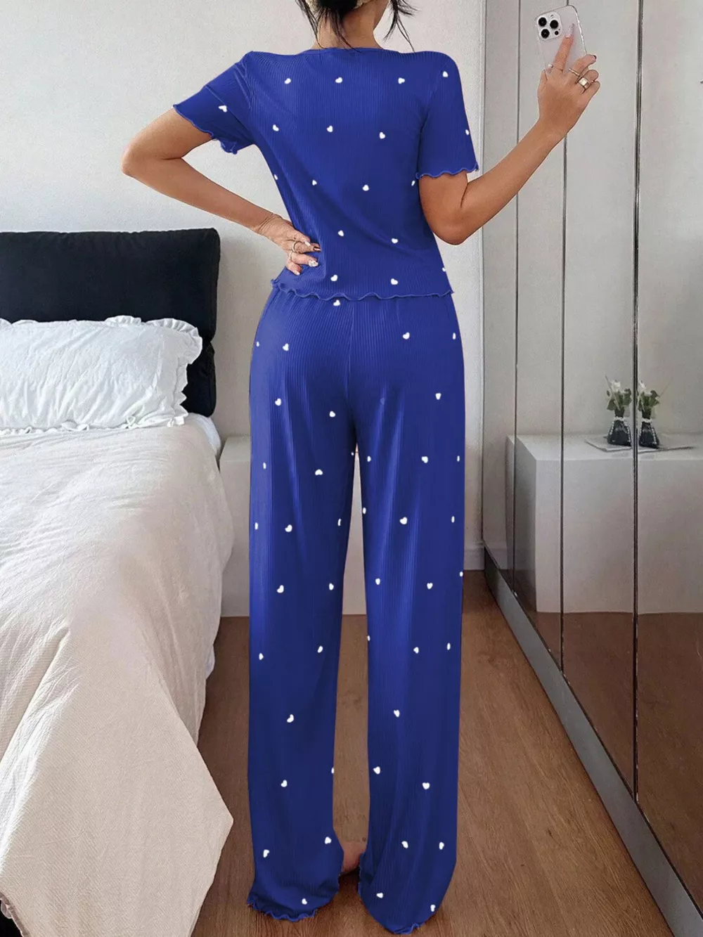 Heart Print Lettuce Trim Top and Pants Loungewear Set, image 9