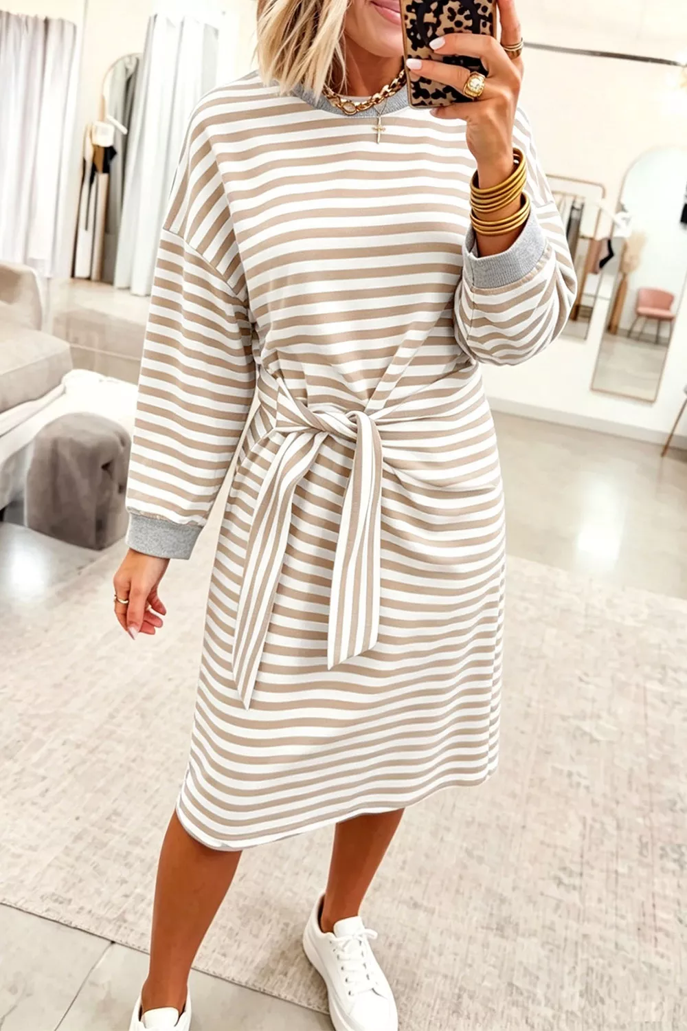 Stripe Striped Colorblock Cuffs Round Neck Long Sleeve Shift Dress, image 2