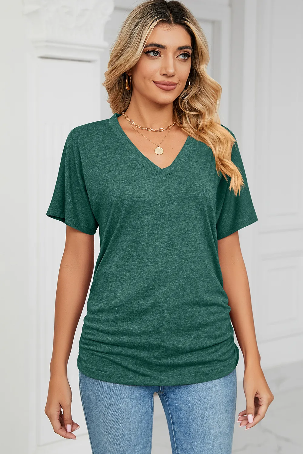 Ruched V-Neck Short Sleeve T-Shirt, image 22