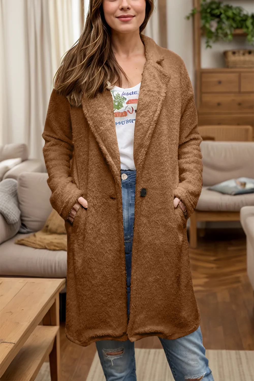 Full Size One Button Long Sleeve Longline Plush Coat, image 7