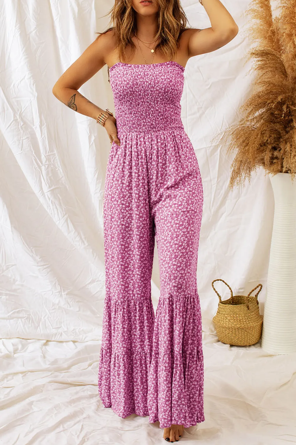 Smocked Printed Wide Strap Jumpsuit, image 6