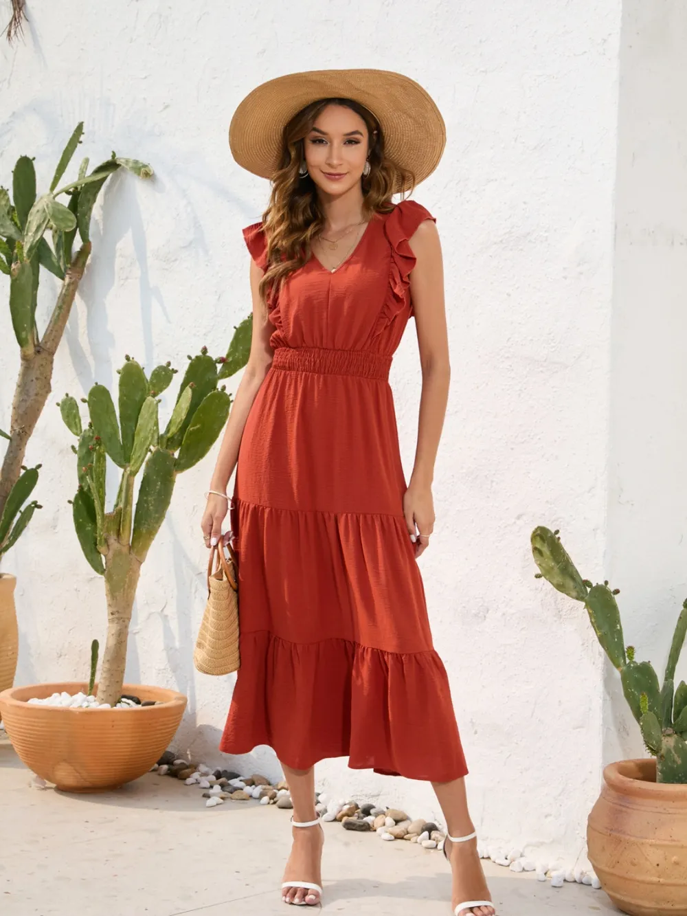 Tiered Ruffled V-Neck Cap Sleeve Dress, image 10