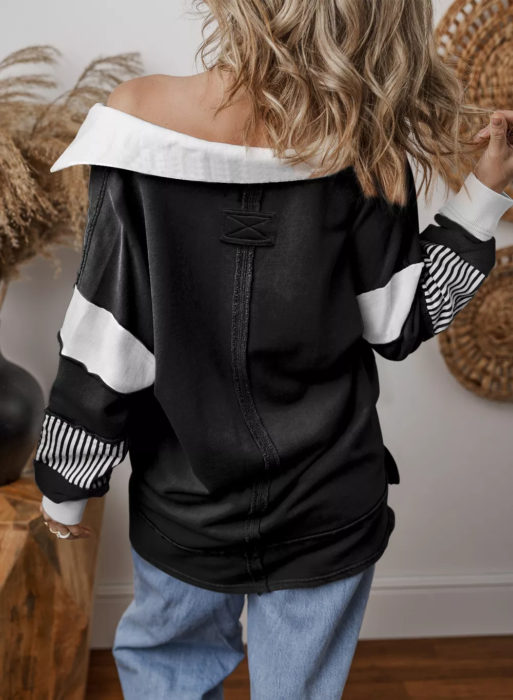 Color Block Striped Johnny Collar Sweatshirt, image 24