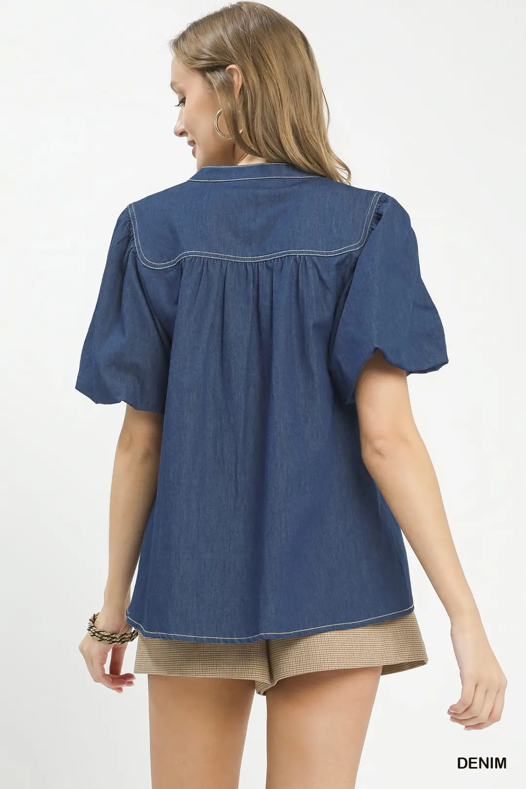 Denim Button Front Puff Sleeve Boho Blouse, image 3