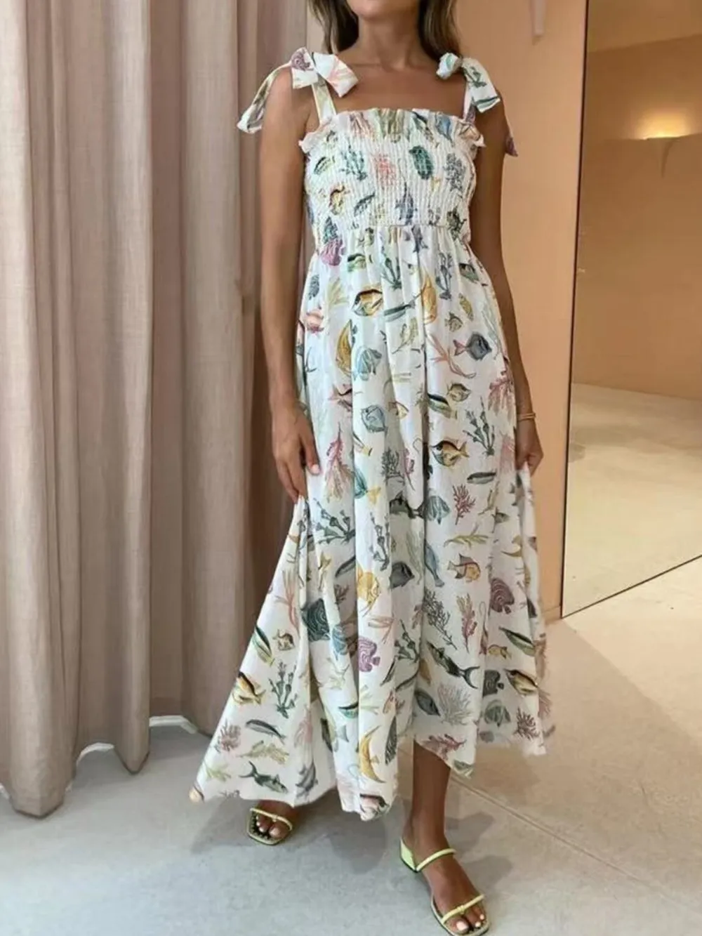 Floral Tie Shoulder Smocked Bodice Summer Dress, image 4