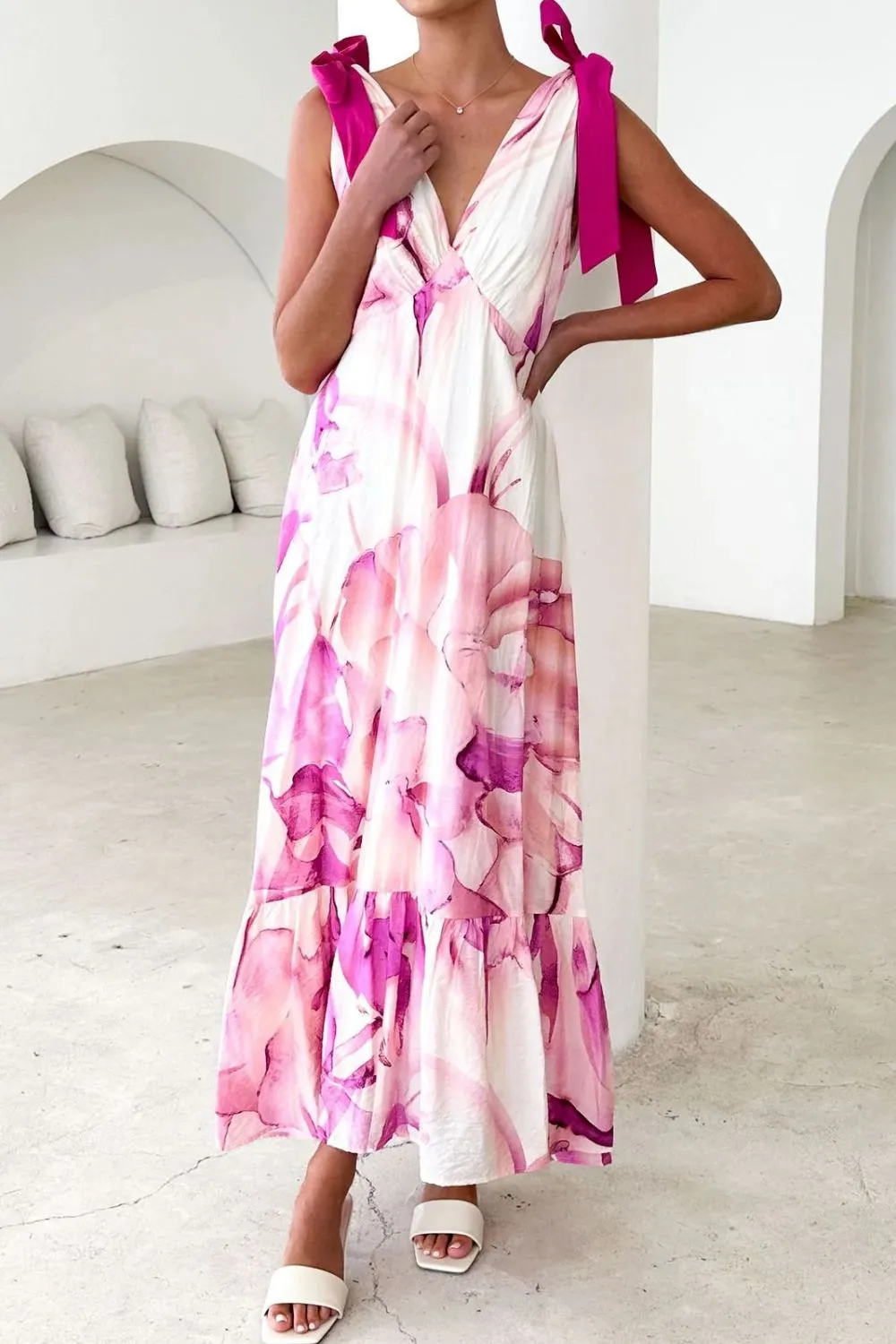 Printed V-Neck Tie Shoulder Midi Cami Dress, image 19