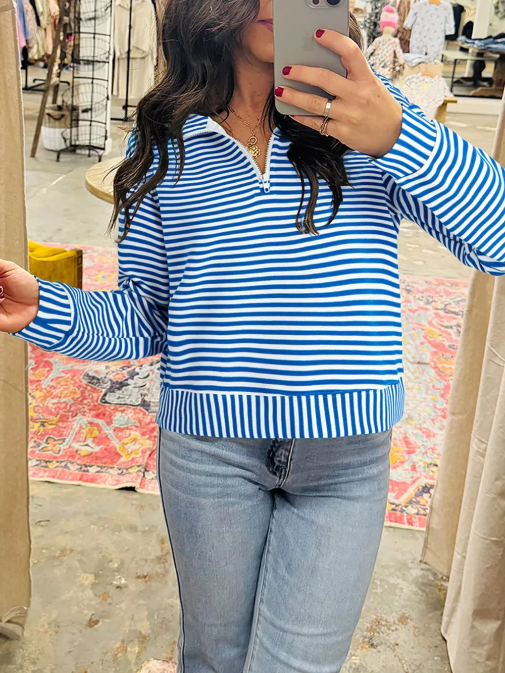 Stripe Quarter Zip Collar Long Sleeve Top, image 4