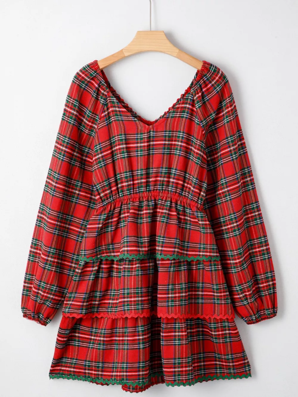 Plaid Print Ricrac Tiered Bubble Sleeve Mini Dress, image 10