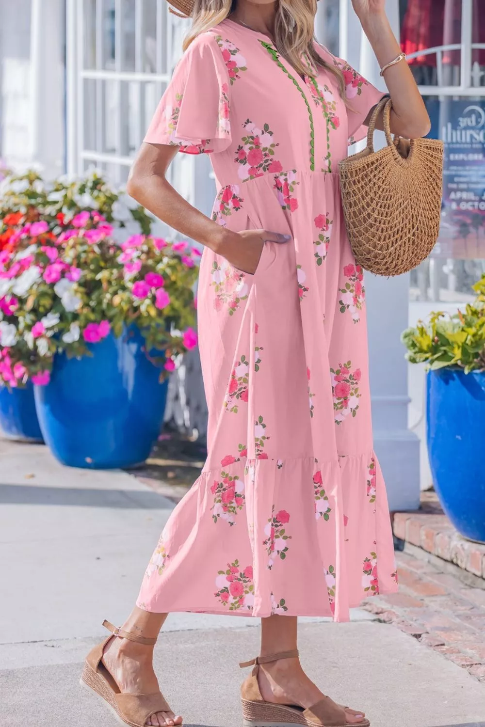Notched Neck Flutter Short Sleeve Floral Print Dress, image 3