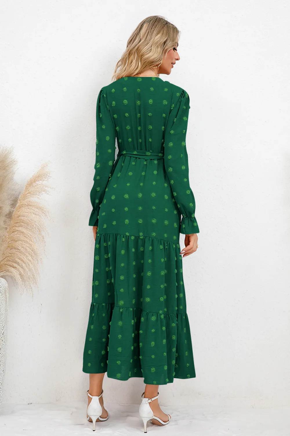 Swiss Dot Tied Surplice Flounce Sleeve Dress, image 3