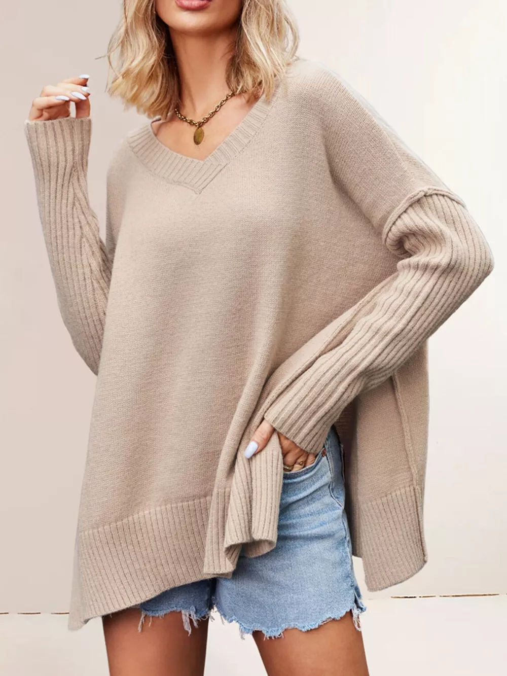 V-Neck Ribbed Sleeve Sweater, image 2