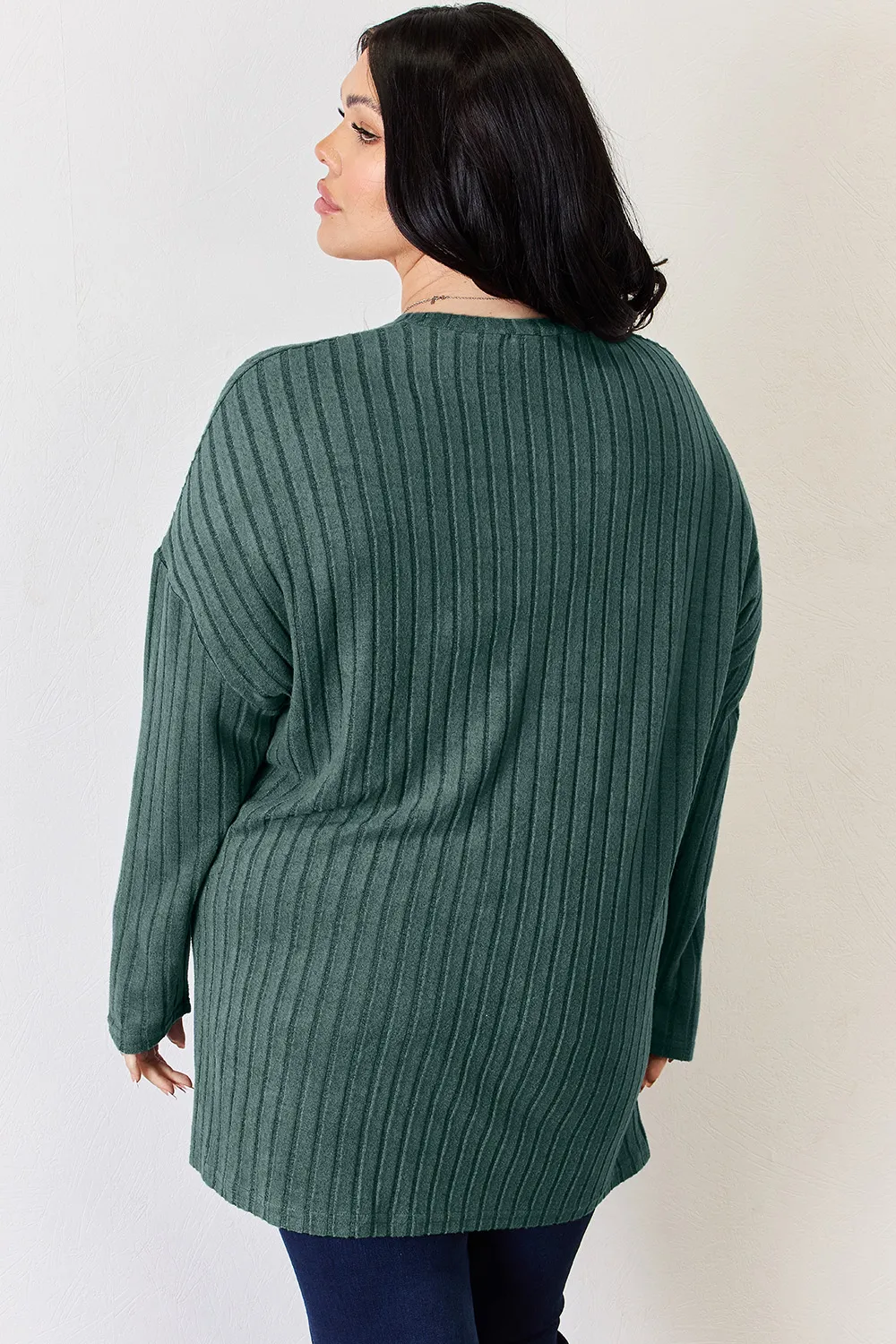 Full Size Ribbed Half Button Long Sleeve High-Low T-Shirt, image 24