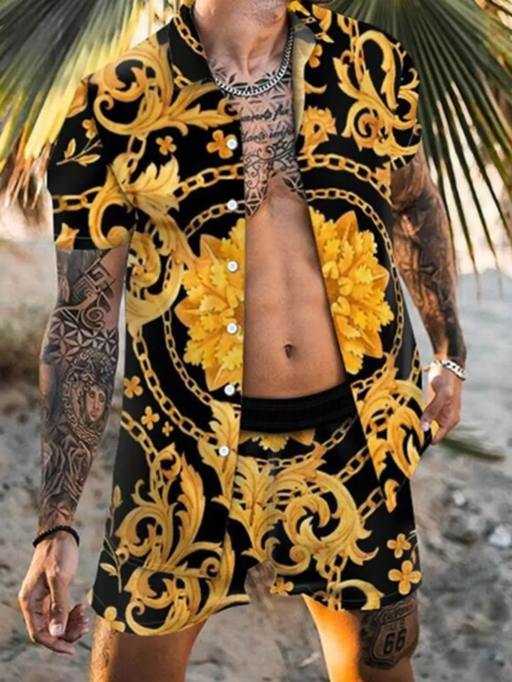 Men's Plus Size Printed Short Sleeve Shirt and Shorts Set, image 2