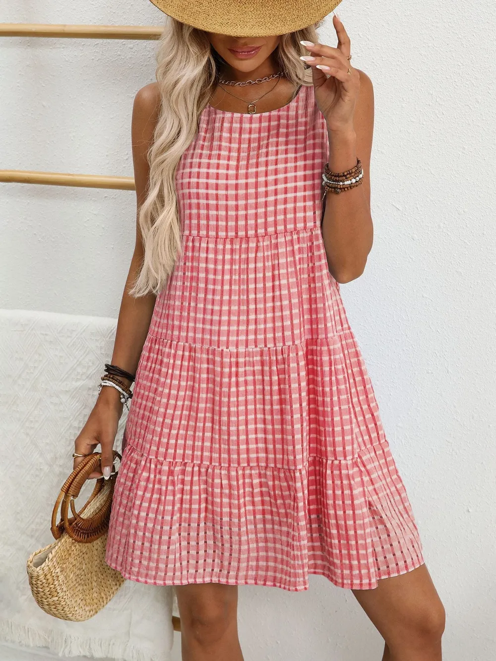 Plaid Round Neck Sleeveless Mini Dress, image 20