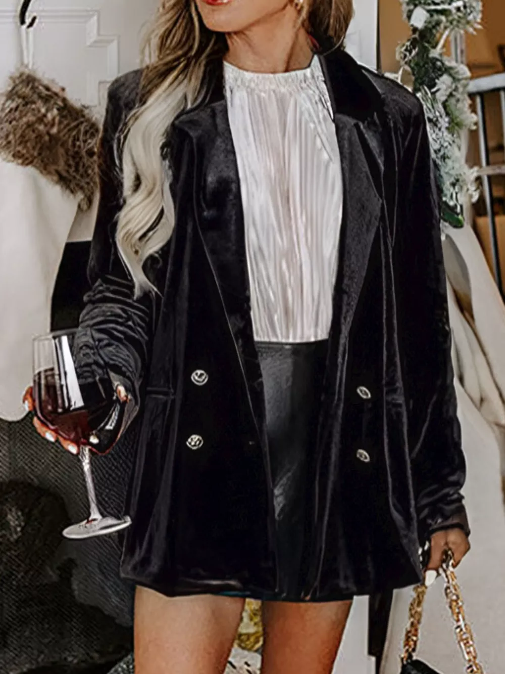 Velvet Lapel Collar Button Up Blazer, image 3