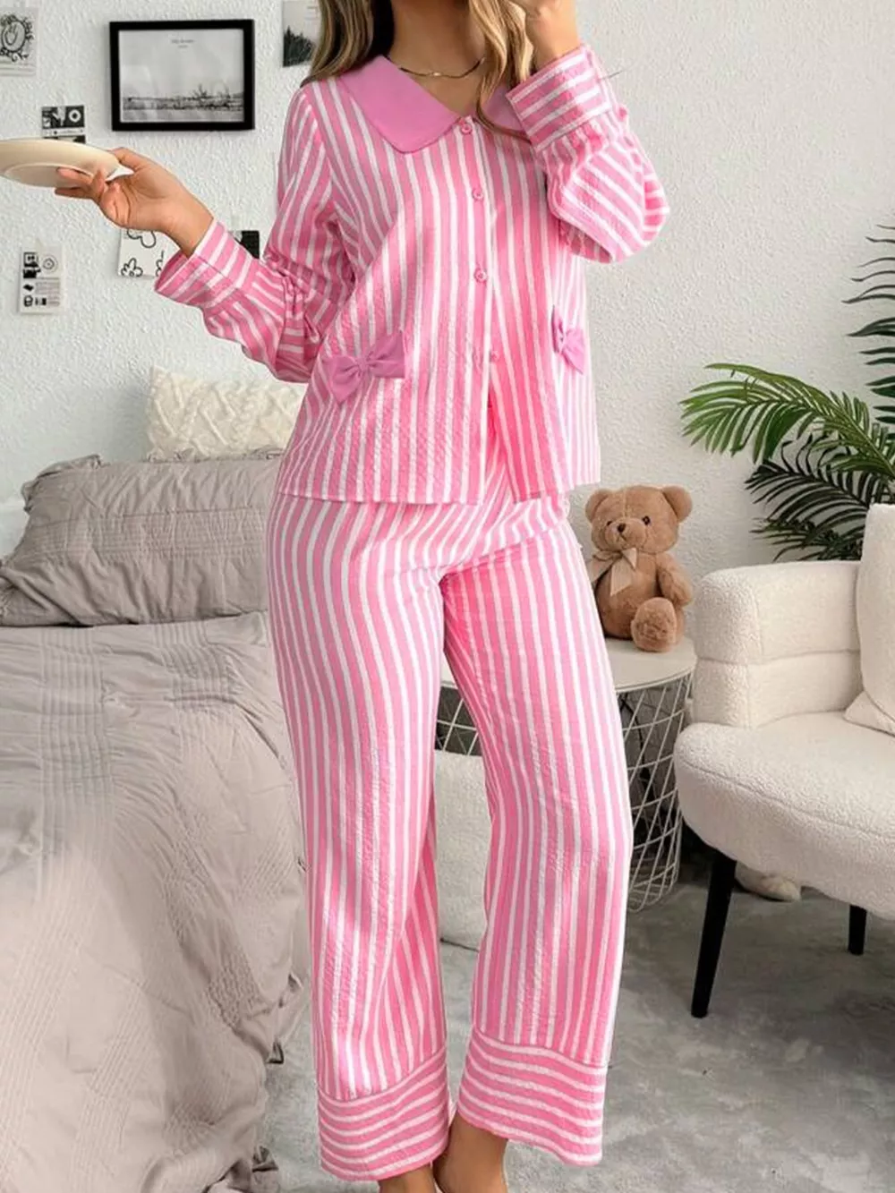 Stripe Buttoned Front Long Sleeve Top and Pants 2 Piece Sleepwear, image 2