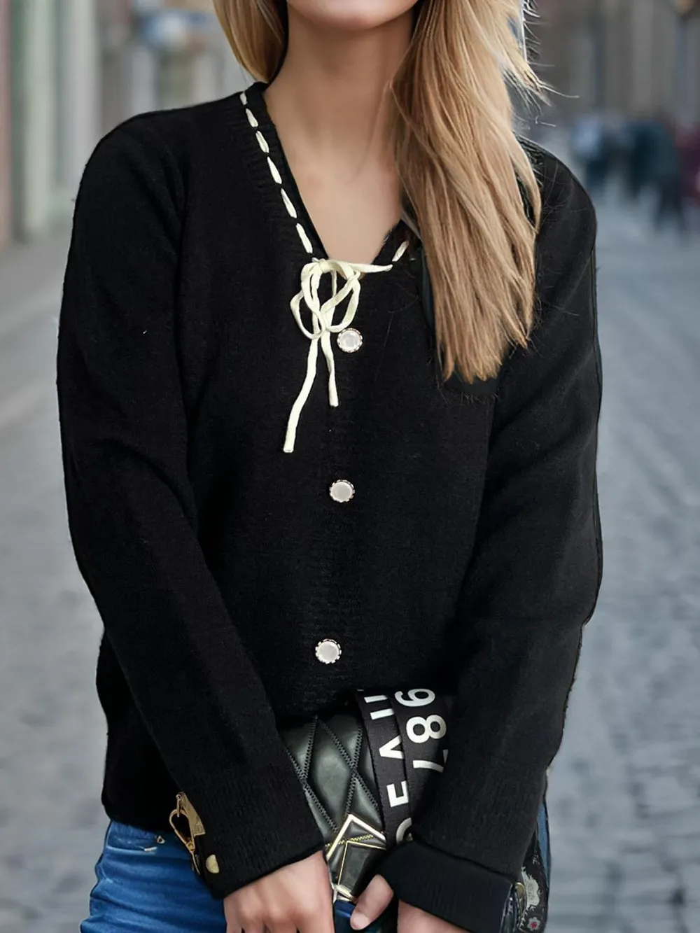 Tied V-Neck Long Sleeve Sweater, image 14
