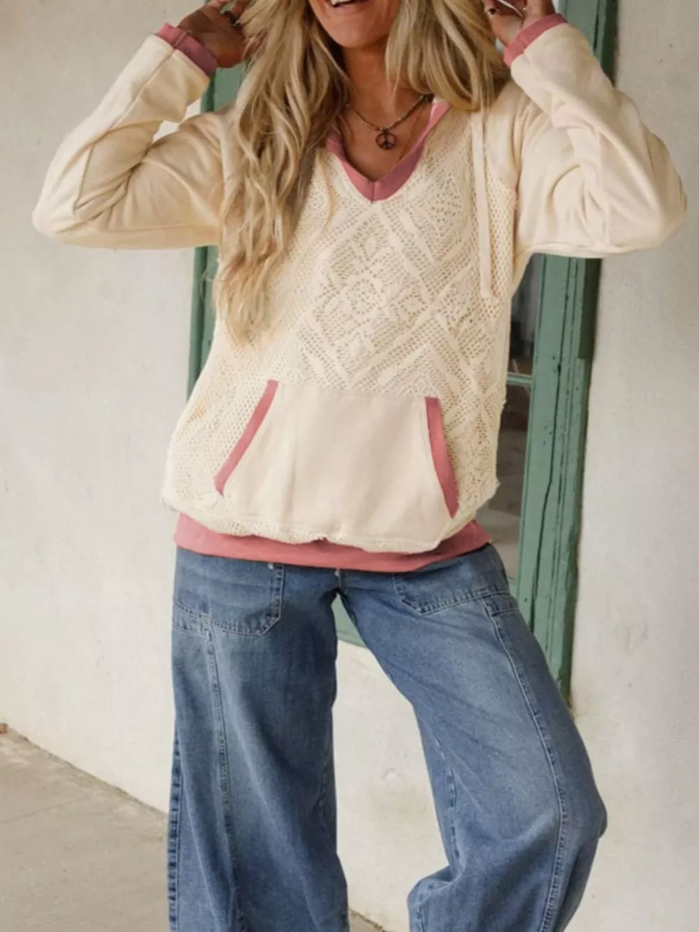 Crochet Panel Kangaroo Pocket Hoodie