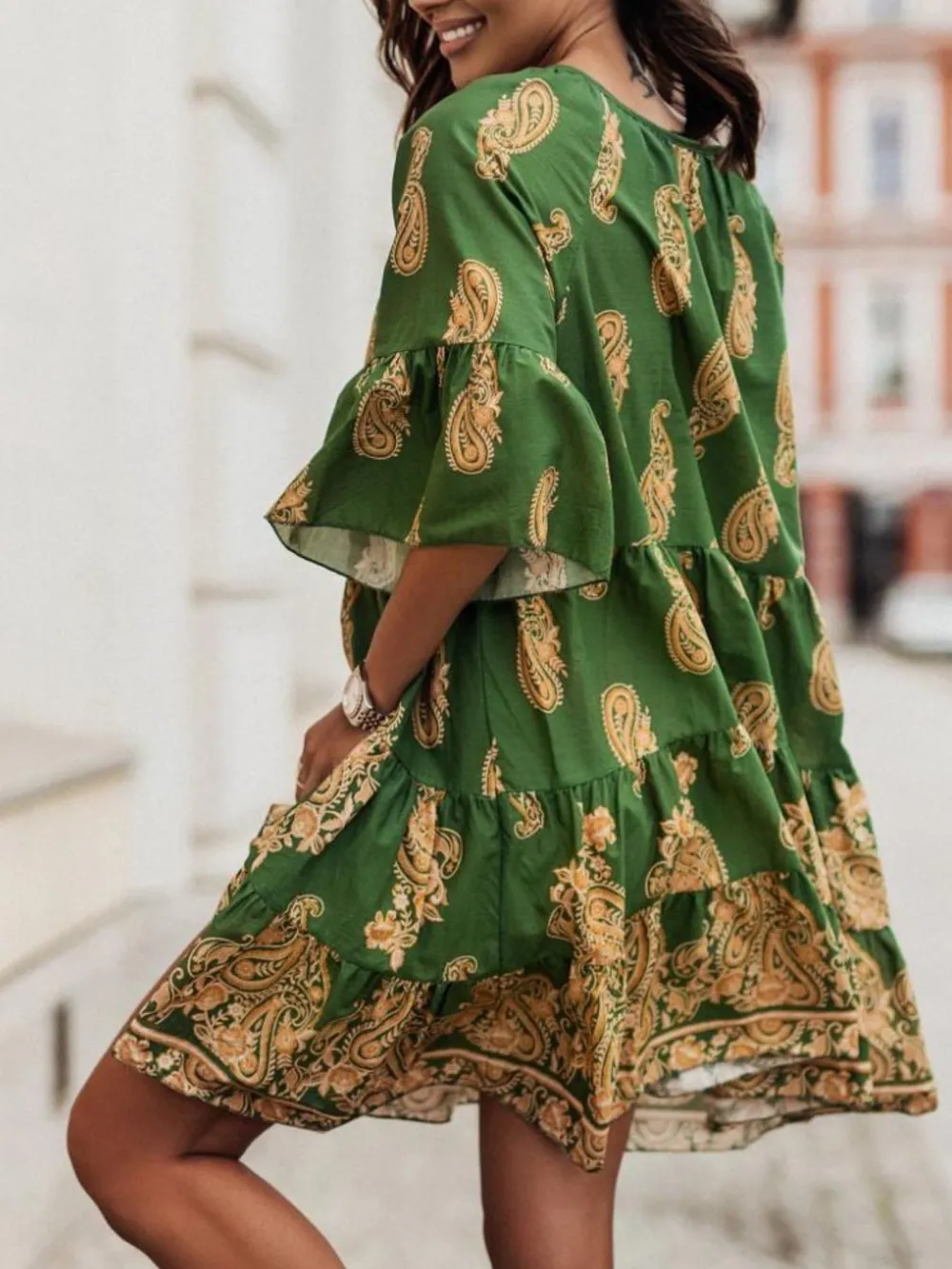 Paisley Print Tie Neck Half Sleeve Mini Dress, image 6