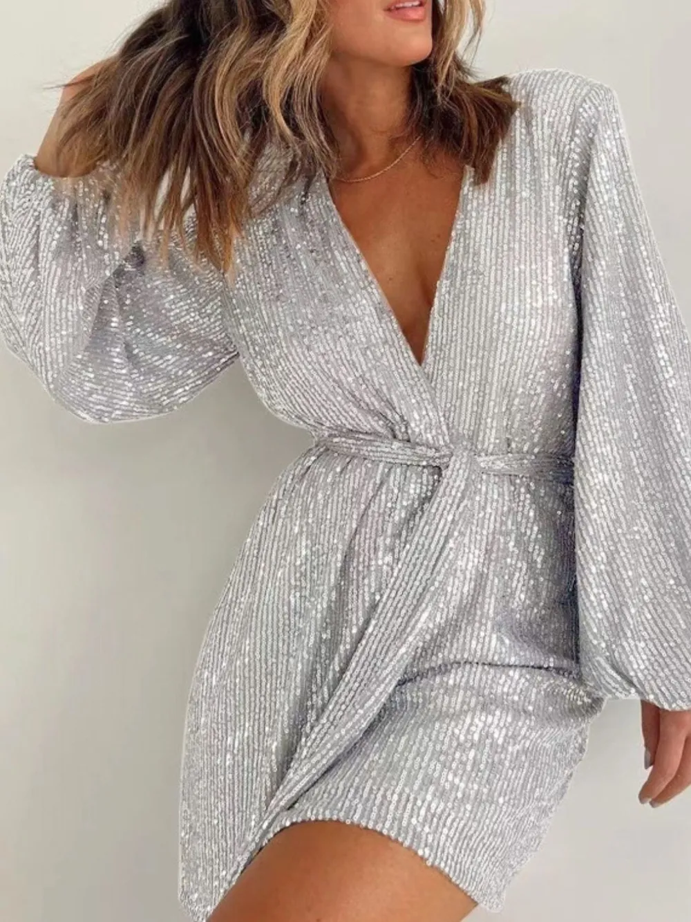 Full Size Sequin Surplice Tie Waist Long Sleeve Romper, image 18
