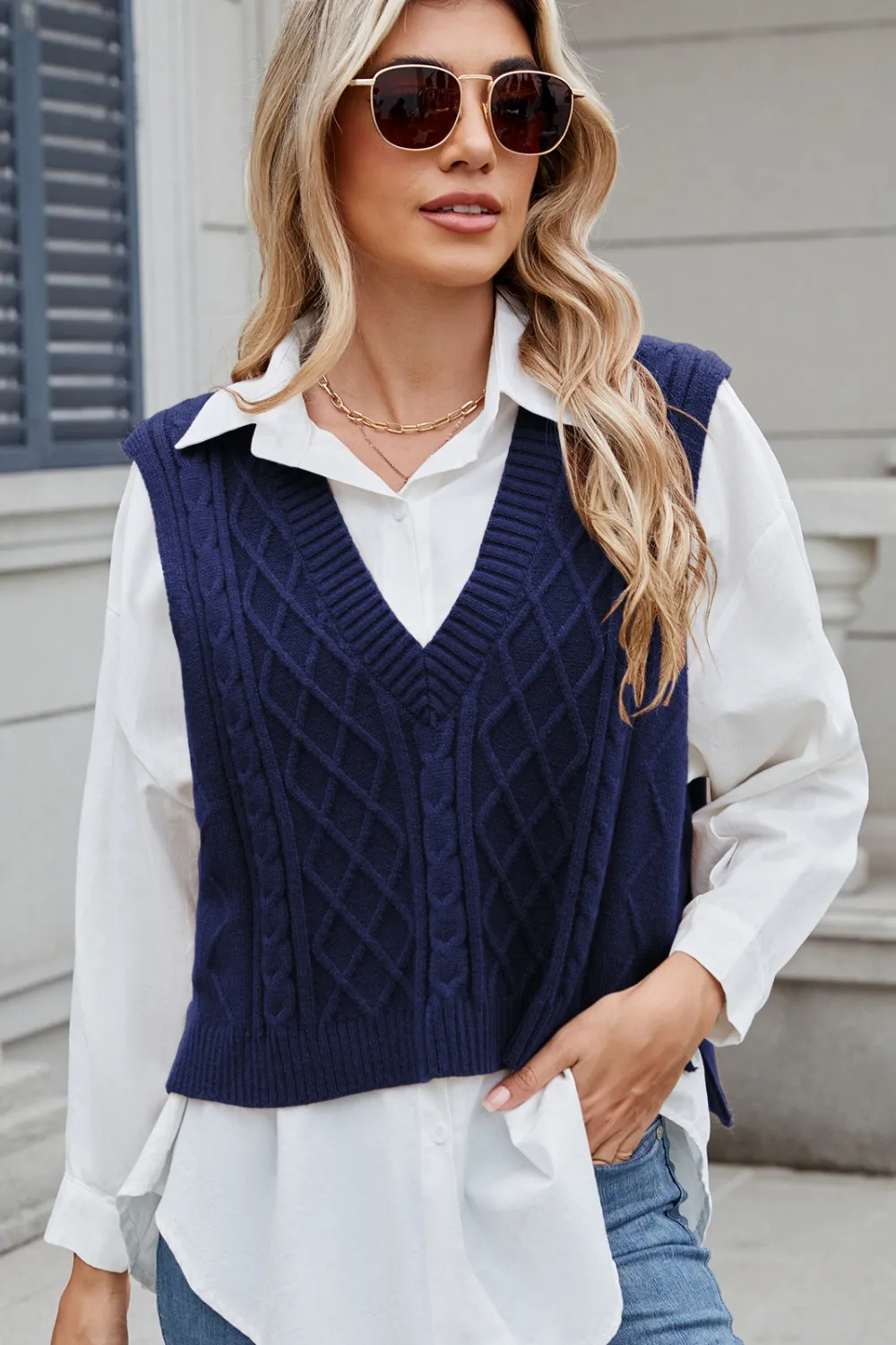 Cable-Knit V-Neck Sweater Vest, image 10
