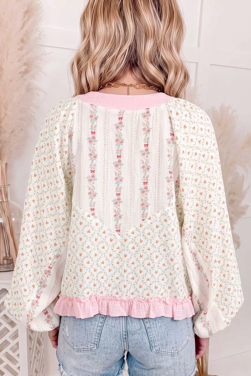 Floral Print Lace-Up Front Blouse with Ruffle Hem, image 2