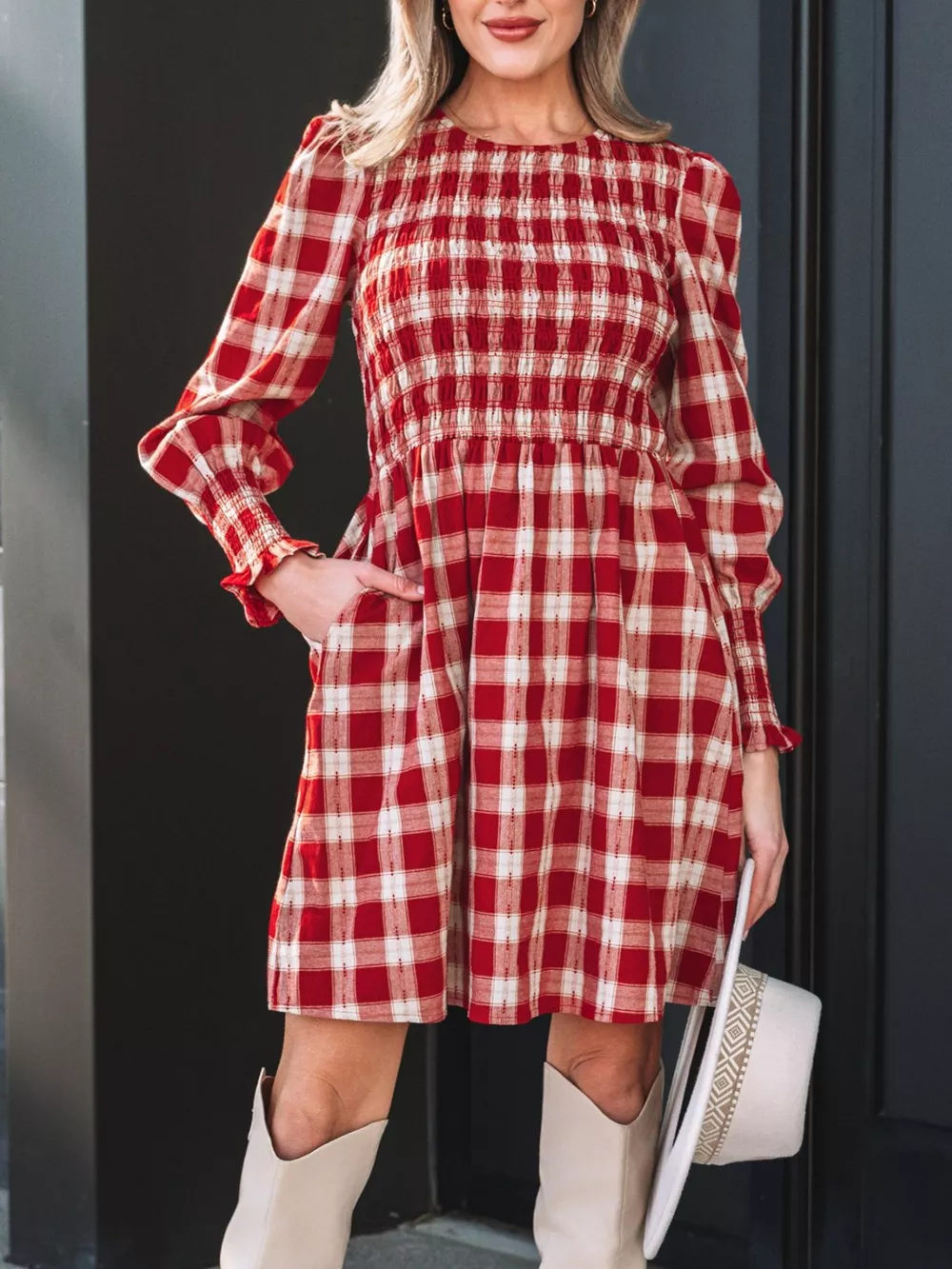 Plaid Print Smocked Puff Sleeve Mini Dress, image 6