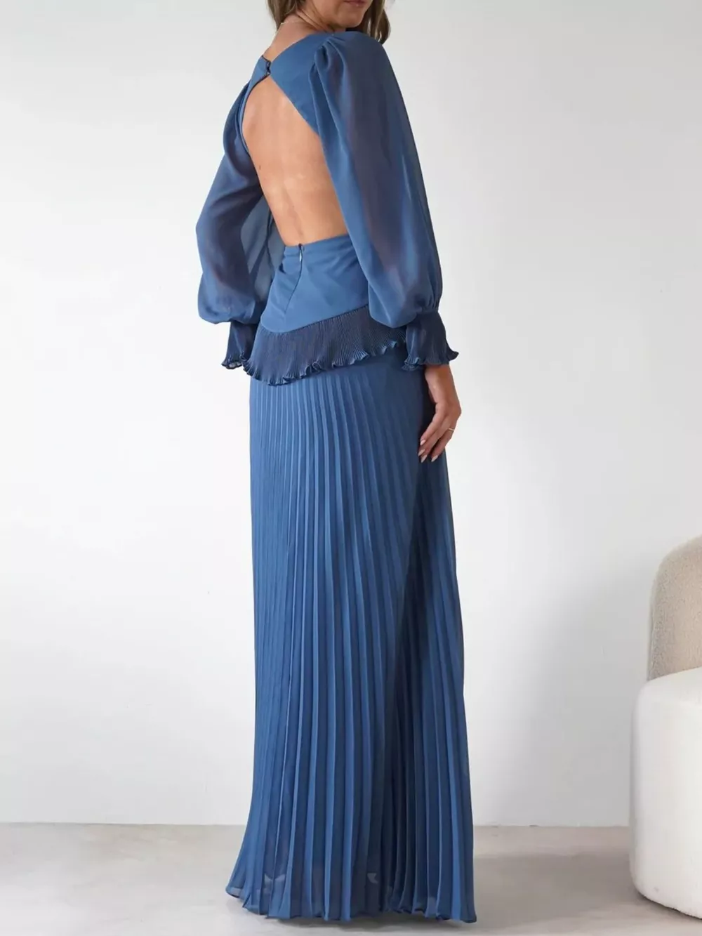 Backless Pleated Long Sleeve Maxi Dress, image 8