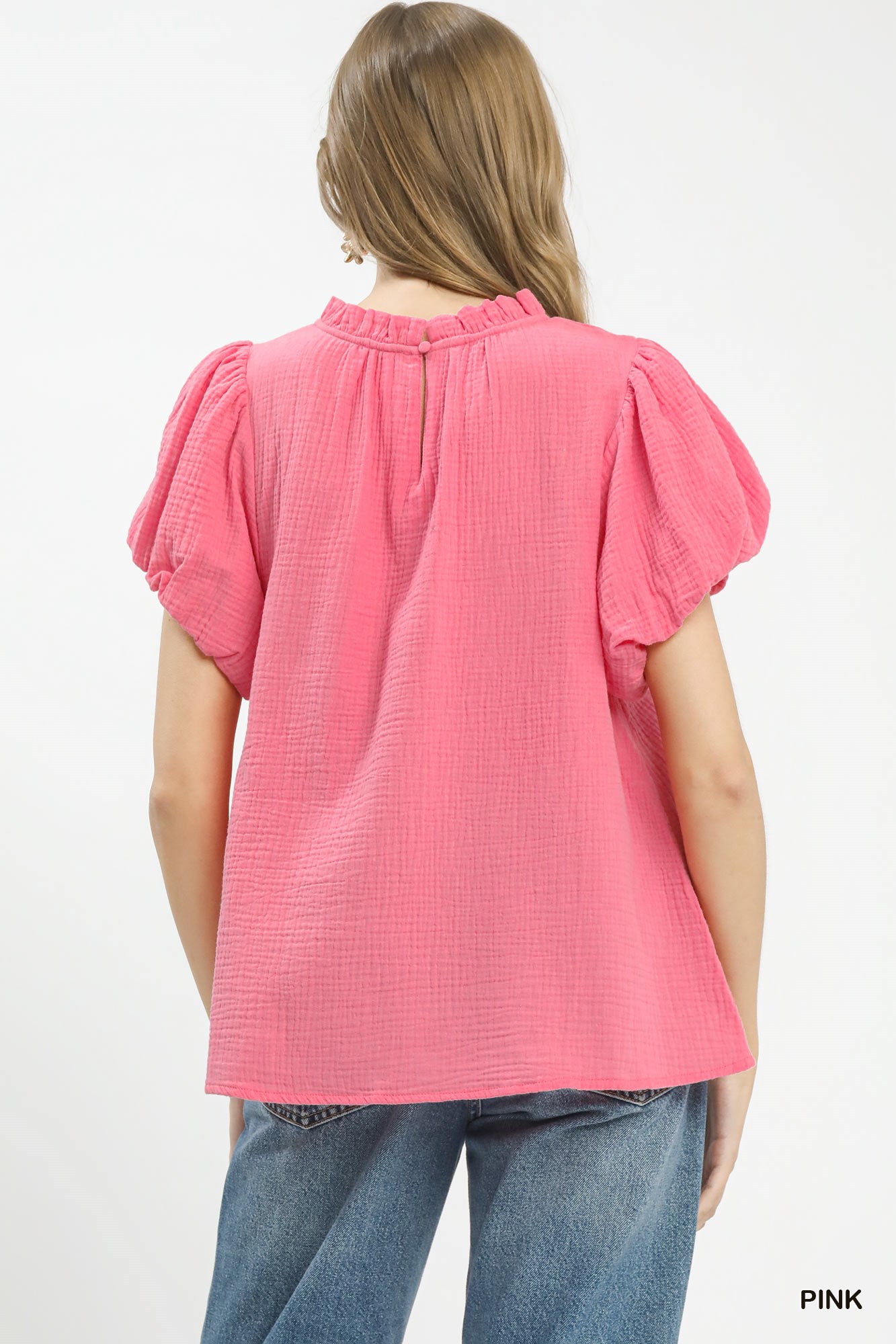 Textured Gauze Ruffle Neck Boho Top, image 4