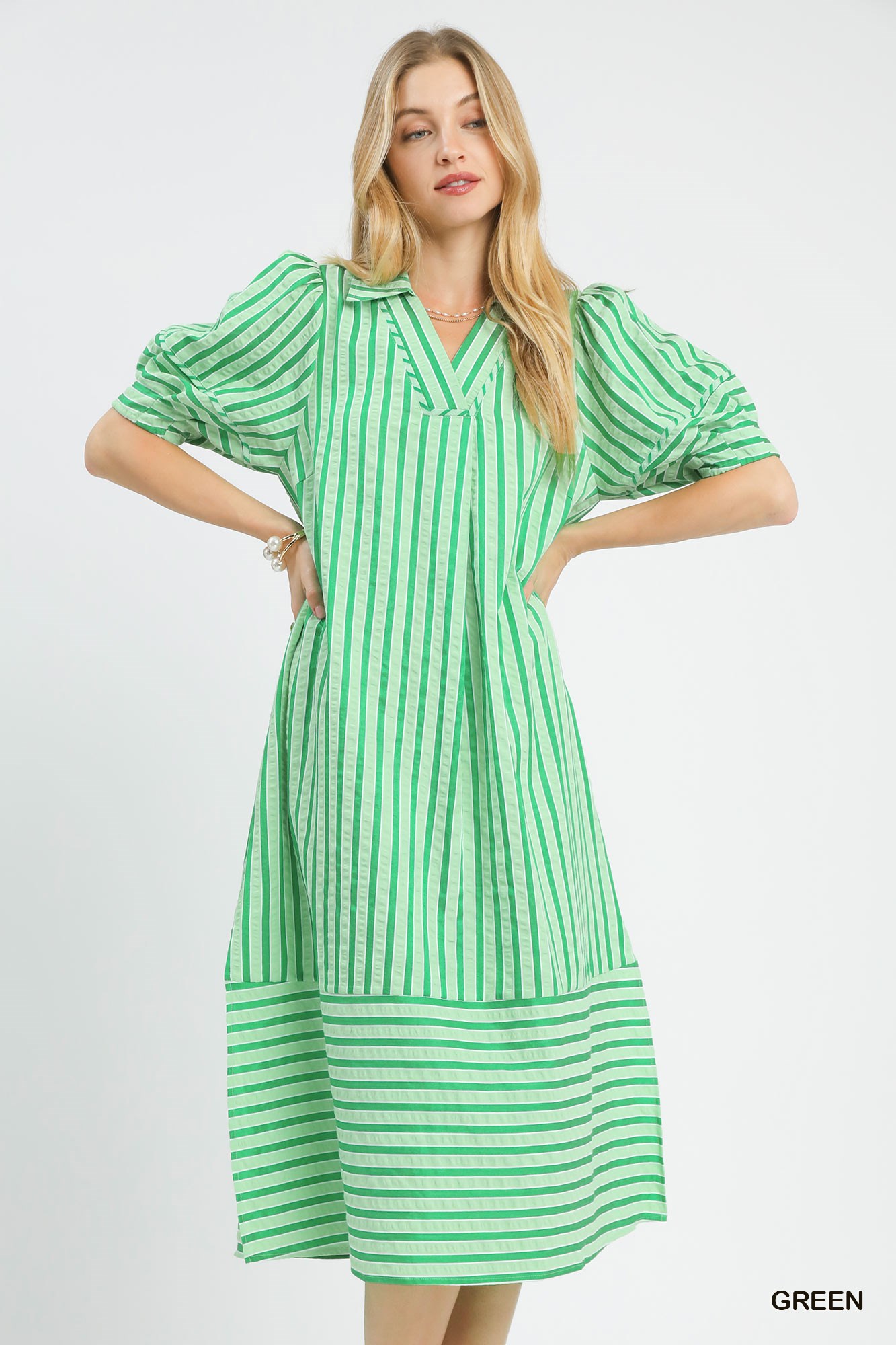Striped Puff Sleeve Midi Dress