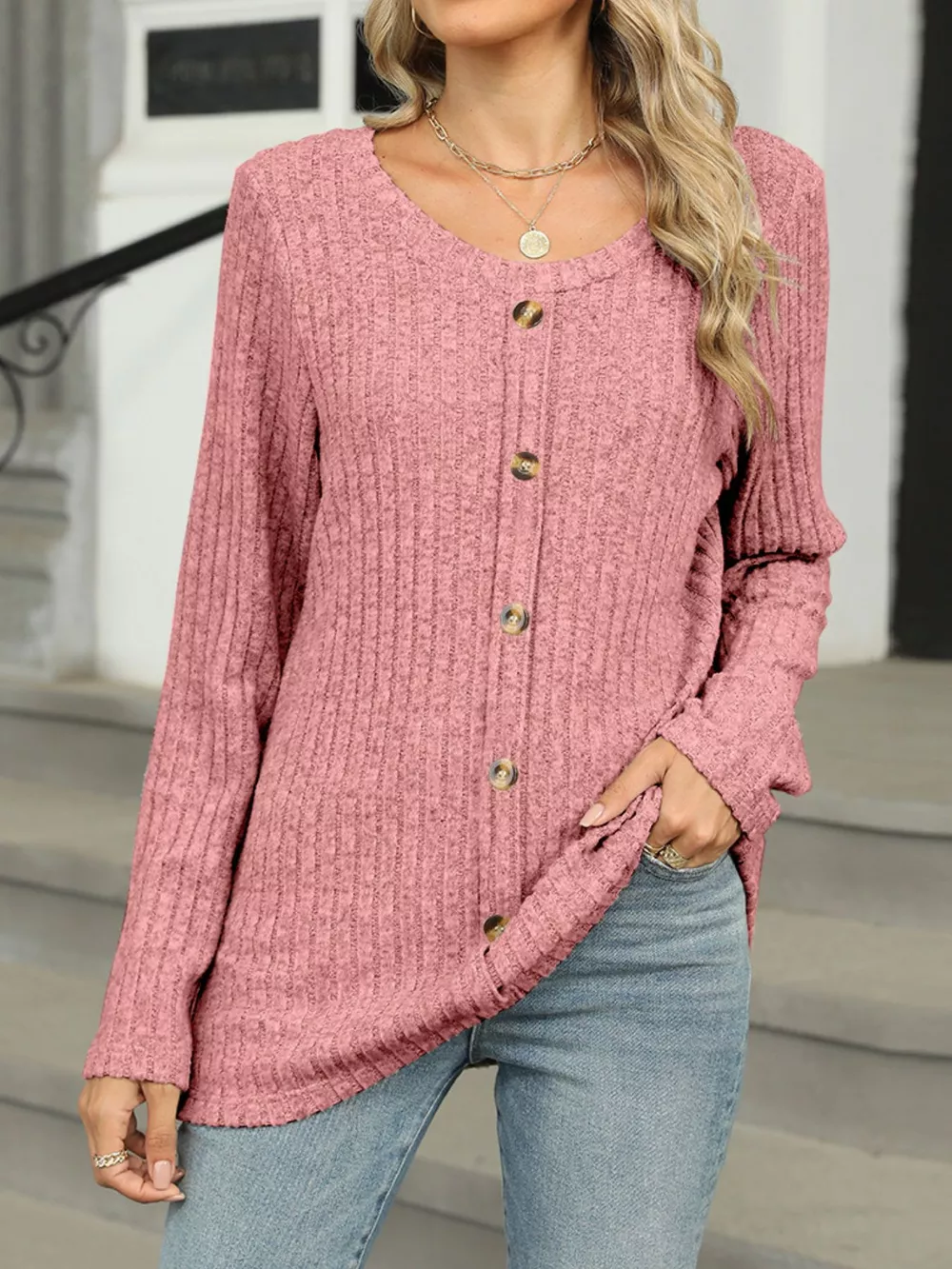 Ribbed Round Neck Long Sleeve Top, image 28