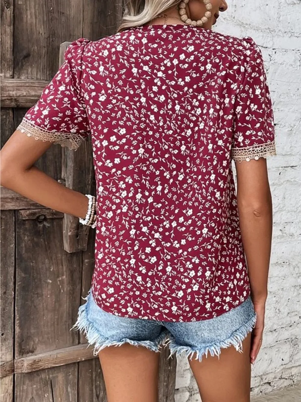 Full Size Printed V-Neck Short Sleeve Blouse, image 10