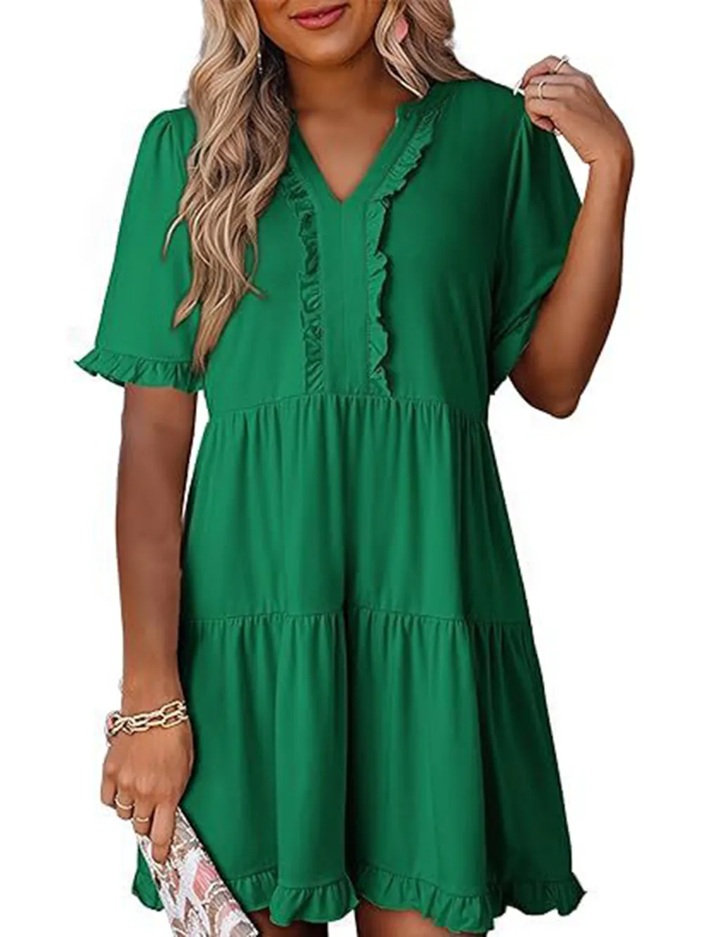 Tiered Notched Short Sleeve Mini Dress