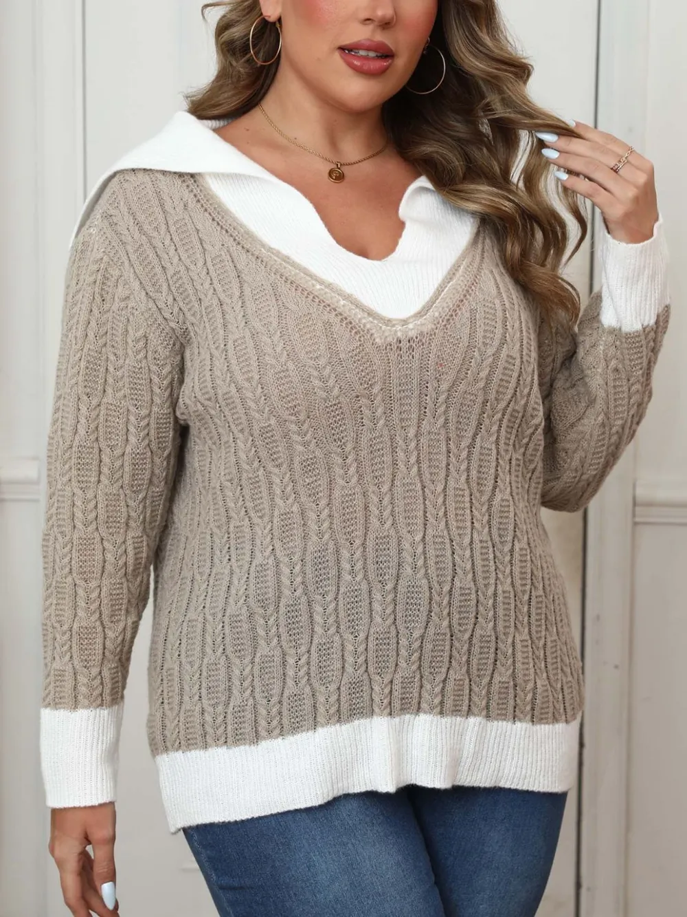Plus Size Contrast Trim Collared Neck Sweater, image 3