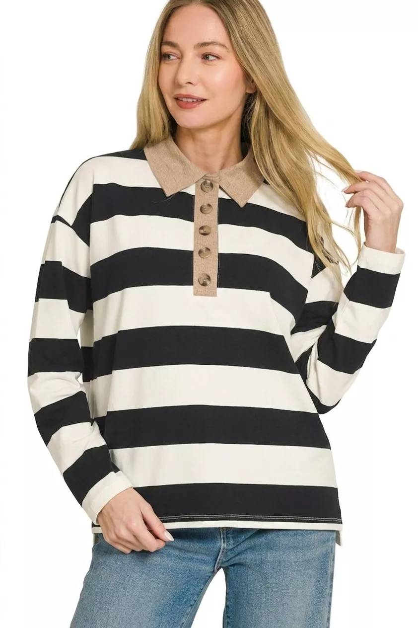 Zenana Striped Contrast Collar Polo Tee, image 3