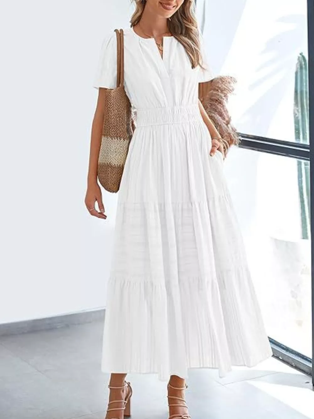 Full Size Short Sleeve Tiered Midi Dress Plus Size, image 7