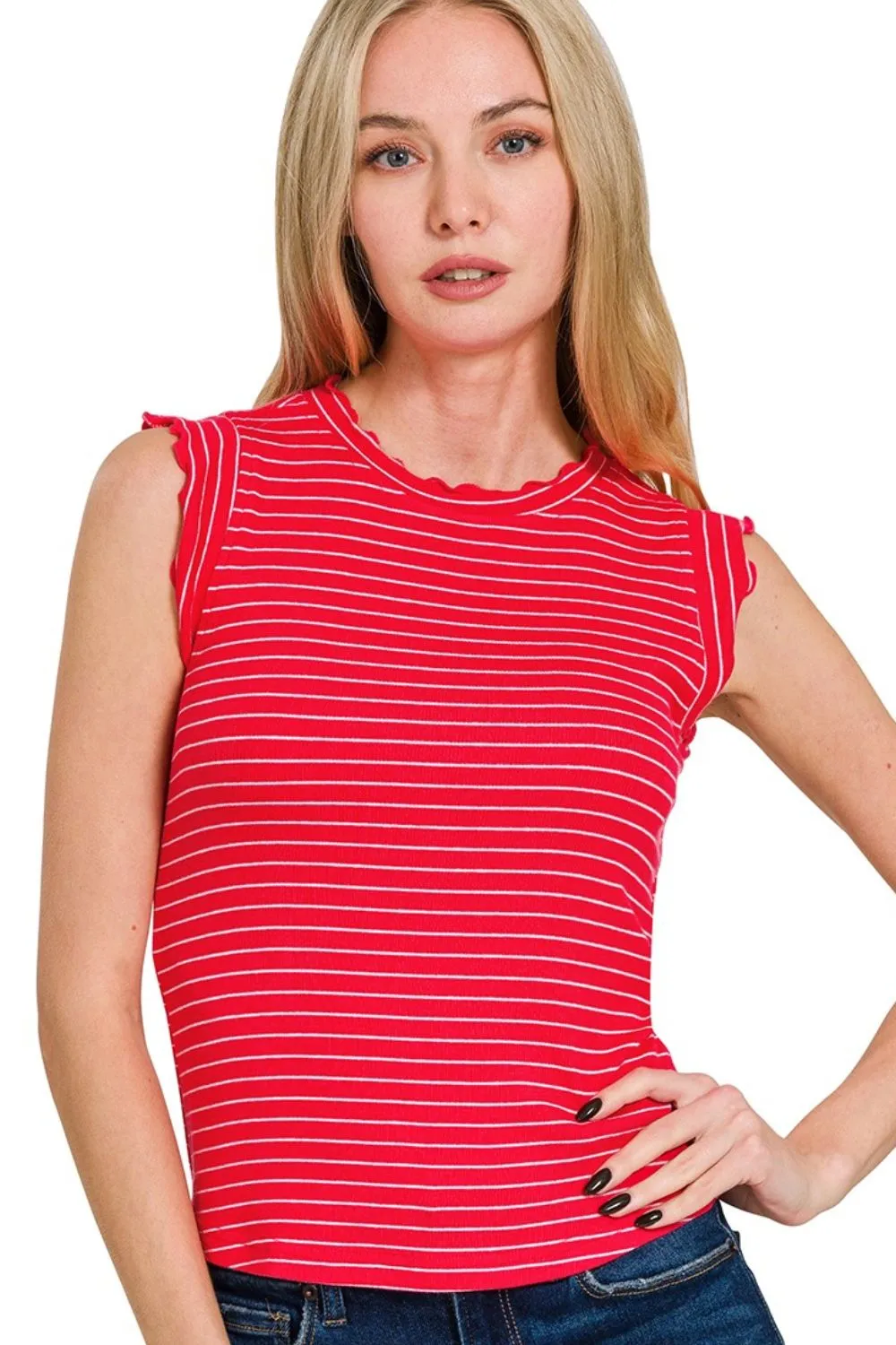 Ribbed Ruffle Trim Sleeveless Stripe Top
