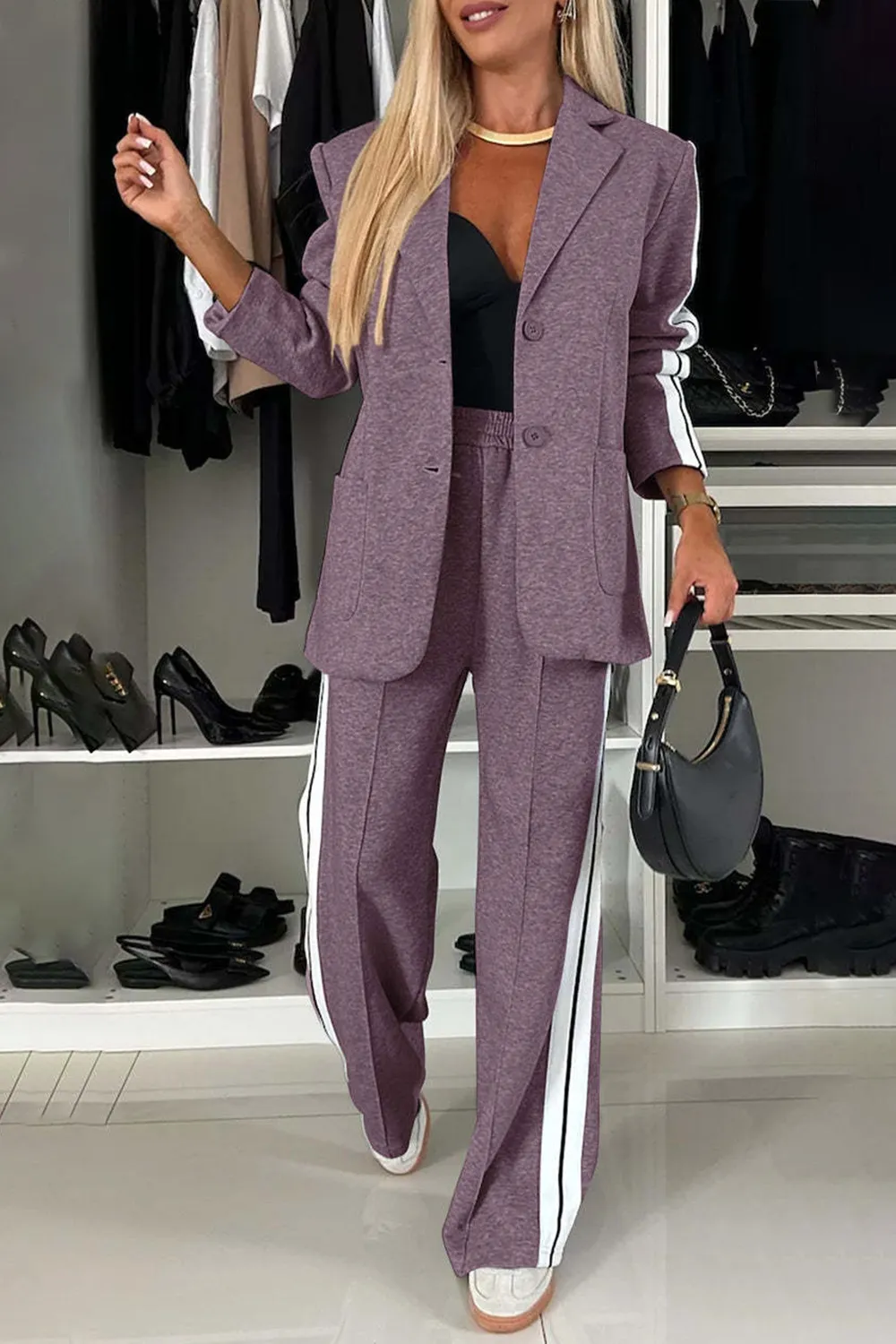 Full Size Contrast Lapel Collar Top and Pants Set, image 19