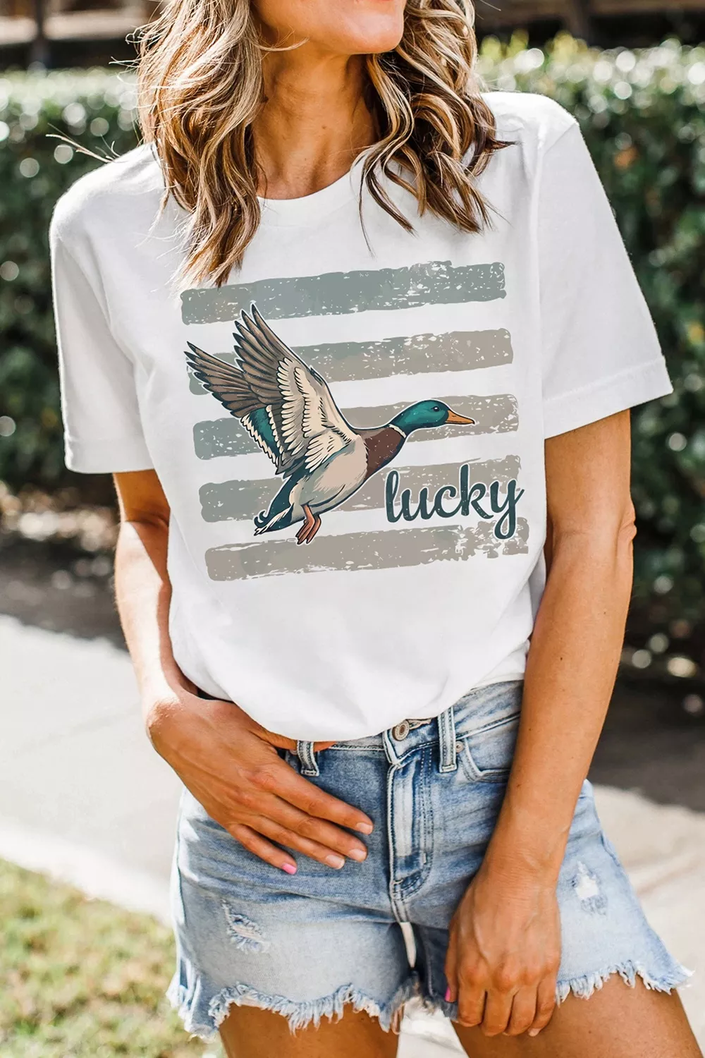 Full Size Retro Mallard Striped Print Casual Short Sleeve T Shirt Plus Size, image 4