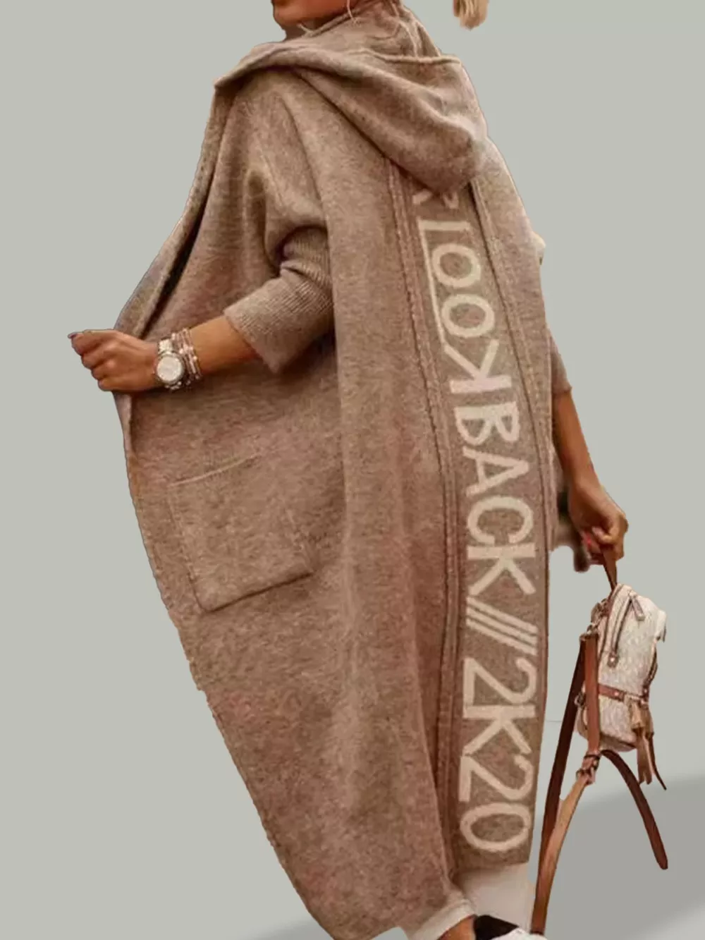 Full Size Letter Back Hooded Cardigan Plus Size, image 3