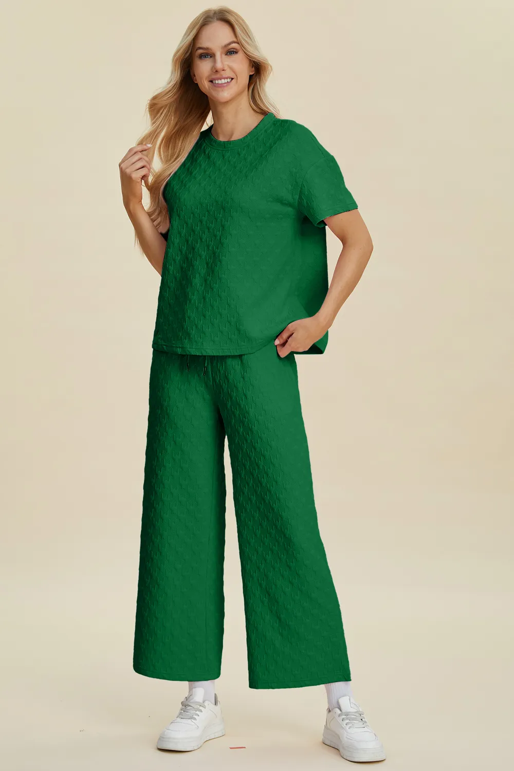 Full Size Texture Round Neck Short Sleeve Top and Pants Set, image 12