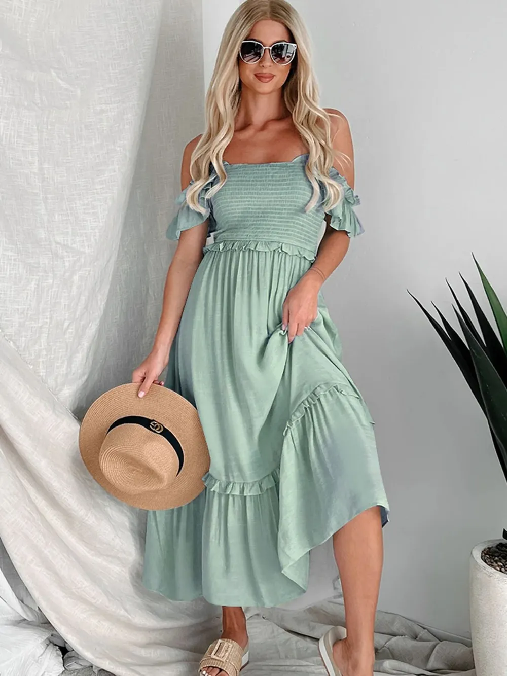 Frill Smocked Off-Shoulder Ruffle Sleeve Dress, image 5