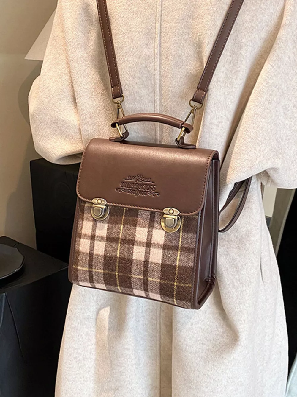 Vintage Plaid Flap Backpack Bag, image 5
