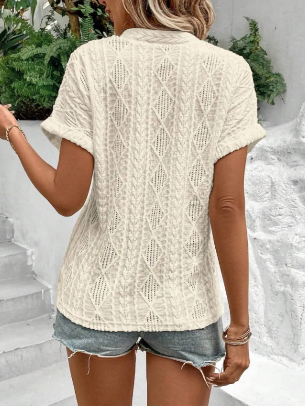 Openwork Notched Short Sleeve Blouse, image 10